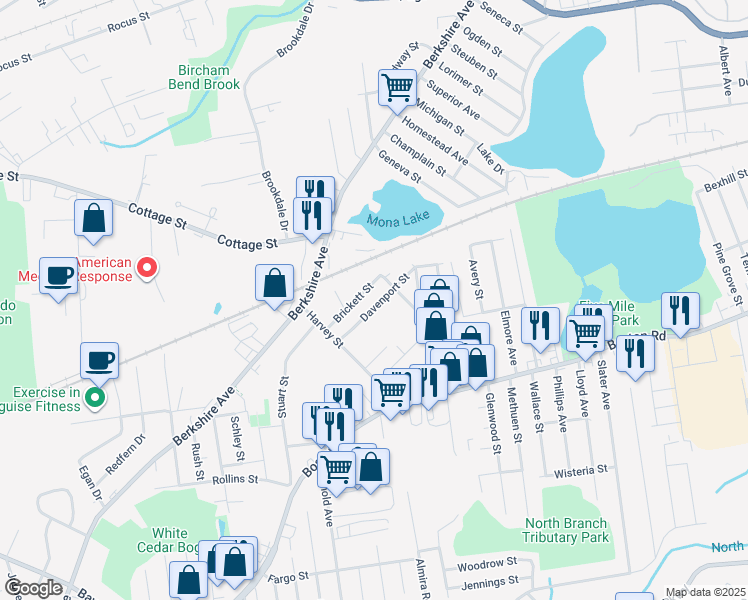 map of restaurants, bars, coffee shops, grocery stores, and more near 176 Davenport Street in Springfield
