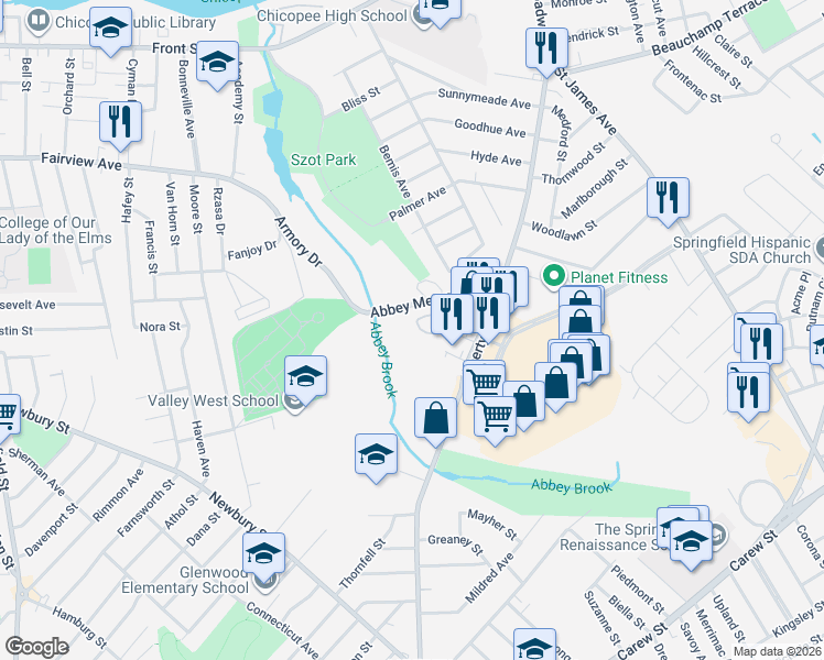 map of restaurants, bars, coffee shops, grocery stores, and more near 91-199 Abbey Memorial Drive in Chicopee