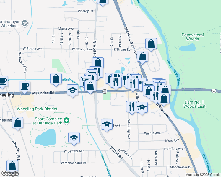 map of restaurants, bars, coffee shops, grocery stores, and more near 99 East Dundee Road in Wheeling