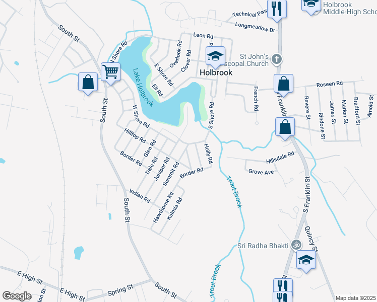 map of restaurants, bars, coffee shops, grocery stores, and more near 2 Summit Road in Holbrook