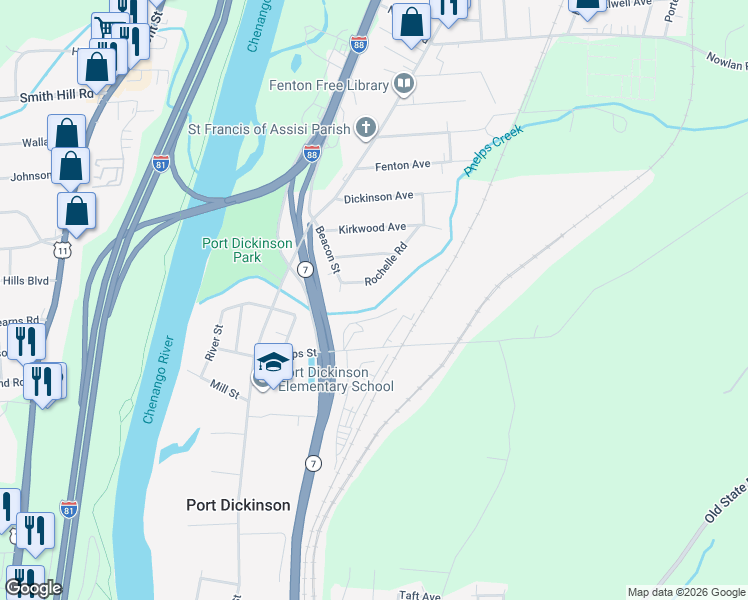map of restaurants, bars, coffee shops, grocery stores, and more near 6 Rochelle Rd in Binghamton
