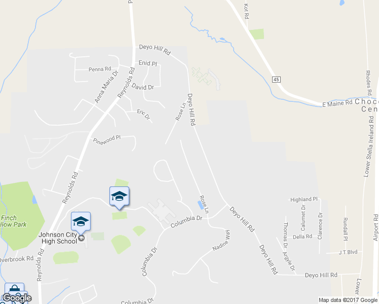 map of restaurants, bars, coffee shops, grocery stores, and more near 63 Rose Lane in Johnson City