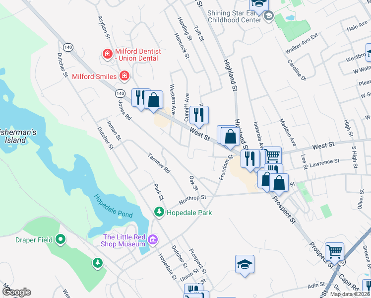 map of restaurants, bars, coffee shops, grocery stores, and more near 21 Deluca Road in Milford