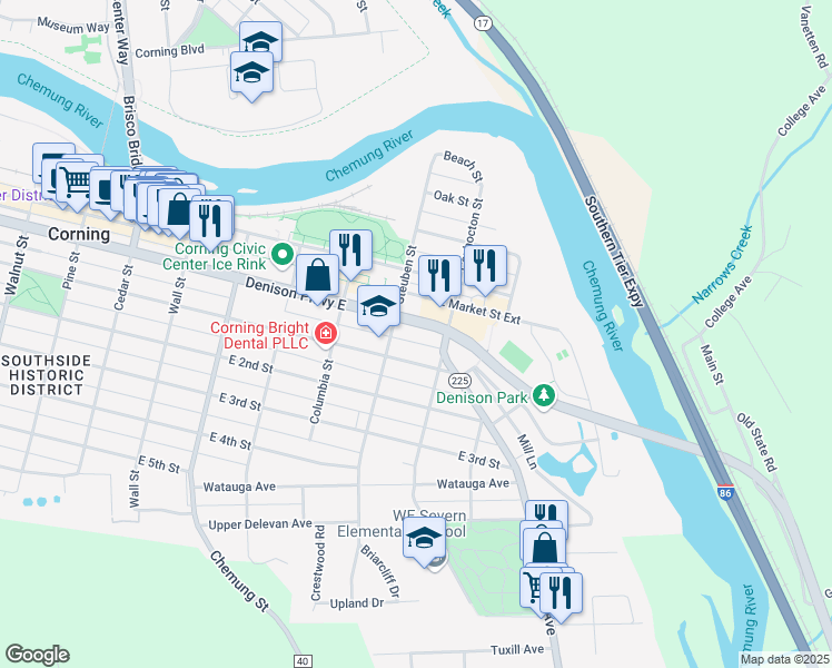 map of restaurants, bars, coffee shops, grocery stores, and more near 333 East 1st Street in Corning