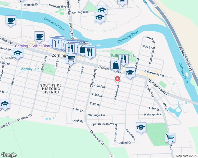 map of restaurants, bars, coffee shops, grocery stores, and more near 163 Pearl Street in Corning