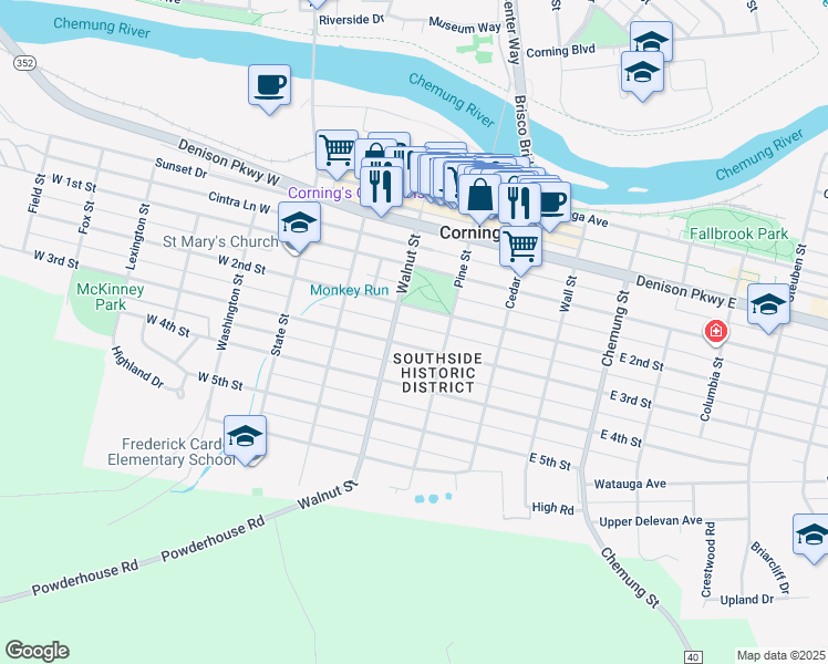 map of restaurants, bars, coffee shops, grocery stores, and more near 11 West 3rd Street in Corning