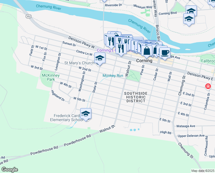 map of restaurants, bars, coffee shops, grocery stores, and more near 88 West 3rd Street in Corning