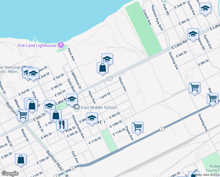 map of restaurants, bars, coffee shops, grocery stores, and more near 646 Payne Avenue in Erie