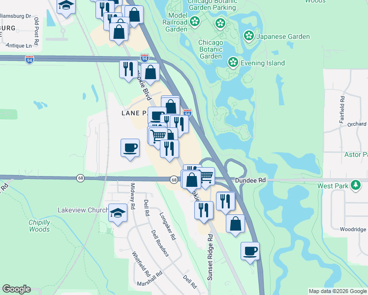 map of restaurants, bars, coffee shops, grocery stores, and more near 707 Skokie Boulevard in Northbrook