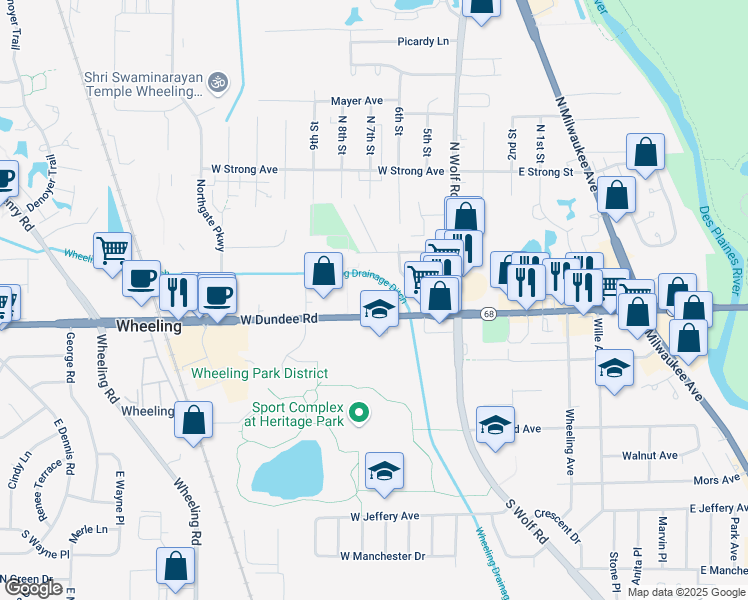 map of restaurants, bars, coffee shops, grocery stores, and more near 60 East Dundee Road in Wheeling
