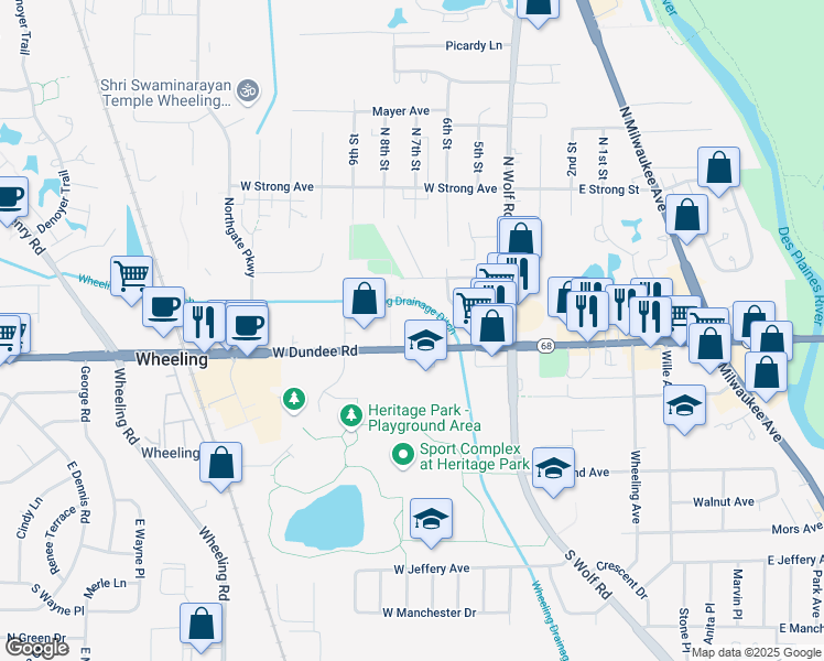 map of restaurants, bars, coffee shops, grocery stores, and more near 60 East Dundee Road in Wheeling