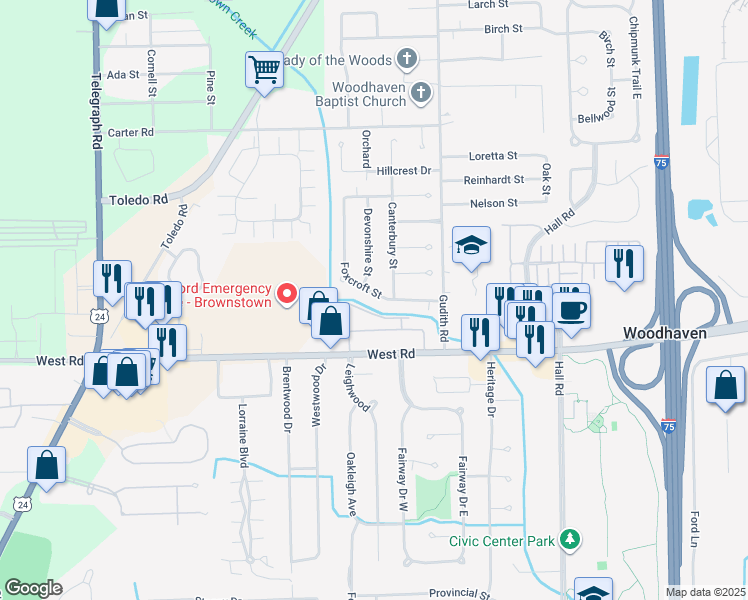 map of restaurants, bars, coffee shops, grocery stores, and more near 22660 Foxcroft Street in Trenton