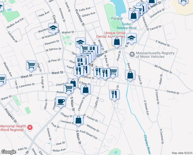 map of restaurants, bars, coffee shops, grocery stores, and more near 22 Bragg Slip in Milford