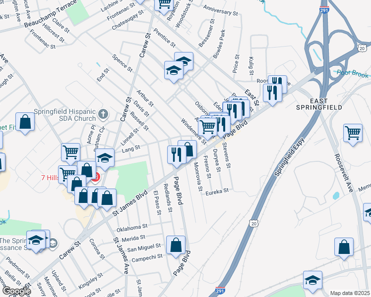 map of restaurants, bars, coffee shops, grocery stores, and more near 25 Santa Barbara Street in Springfield