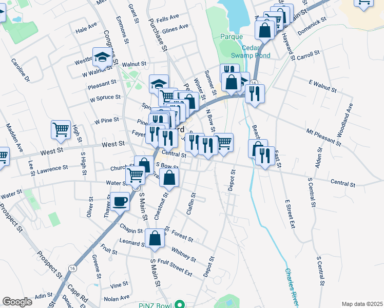 map of restaurants, bars, coffee shops, grocery stores, and more near in Milford