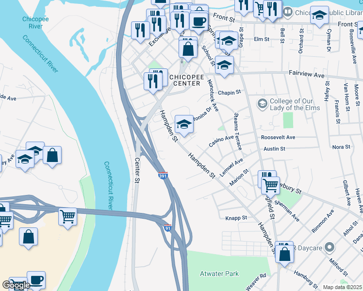 map of restaurants, bars, coffee shops, grocery stores, and more near 115 Hampden Street in Chicopee