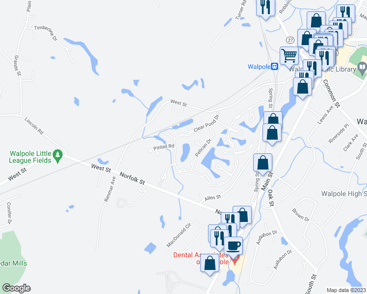 map of restaurants, bars, coffee shops, grocery stores, and more near 145 Clear Pond Drive in Walpole
