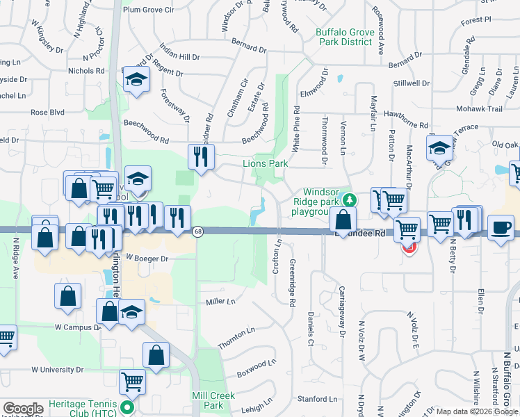 map of restaurants, bars, coffee shops, grocery stores, and more near 915 East Dundee Road in Buffalo Grove