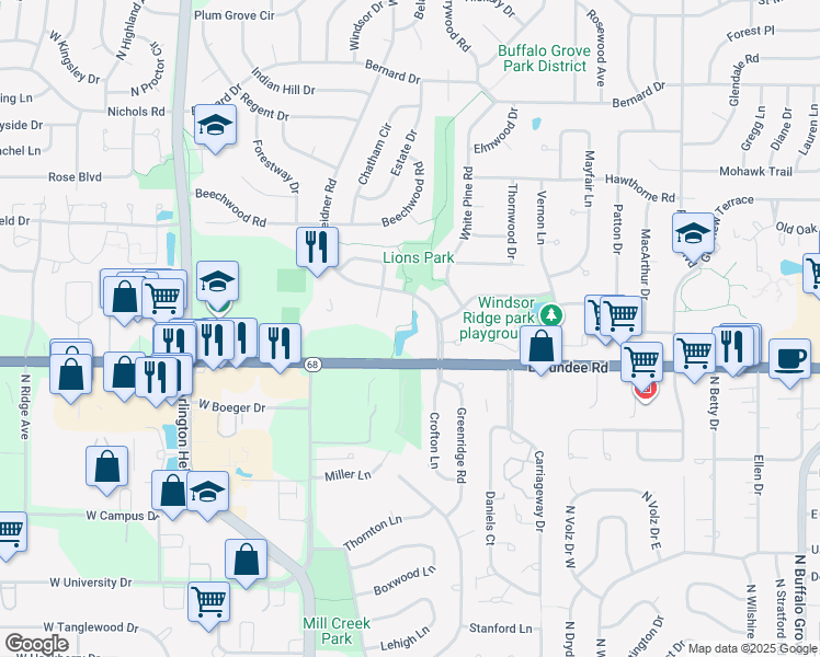 map of restaurants, bars, coffee shops, grocery stores, and more near 860 Weidner Road in Buffalo Grove