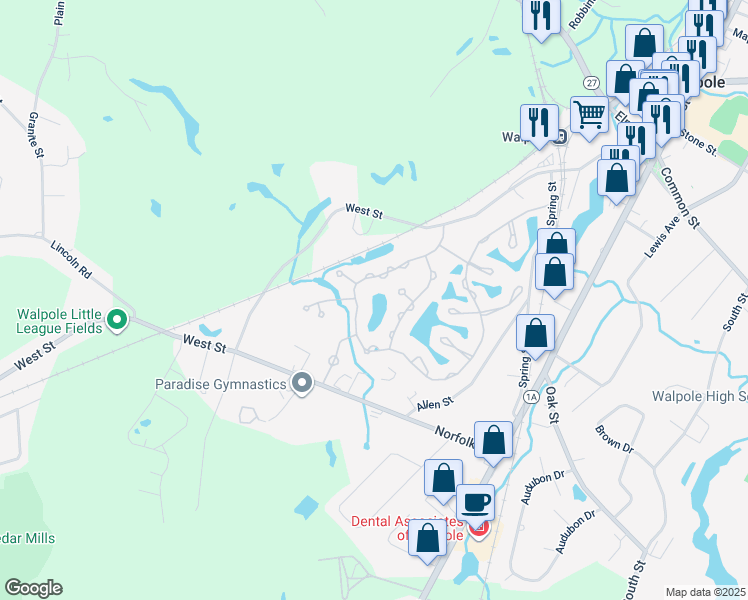 map of restaurants, bars, coffee shops, grocery stores, and more near 145 Clear Pond Drive in Walpole