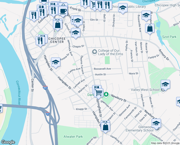 map of restaurants, bars, coffee shops, grocery stores, and more near 135 Stearns Terrace in Chicopee