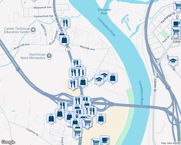 map of restaurants, bars, coffee shops, grocery stores, and more near 95 Ashley Avenue in West Springfield