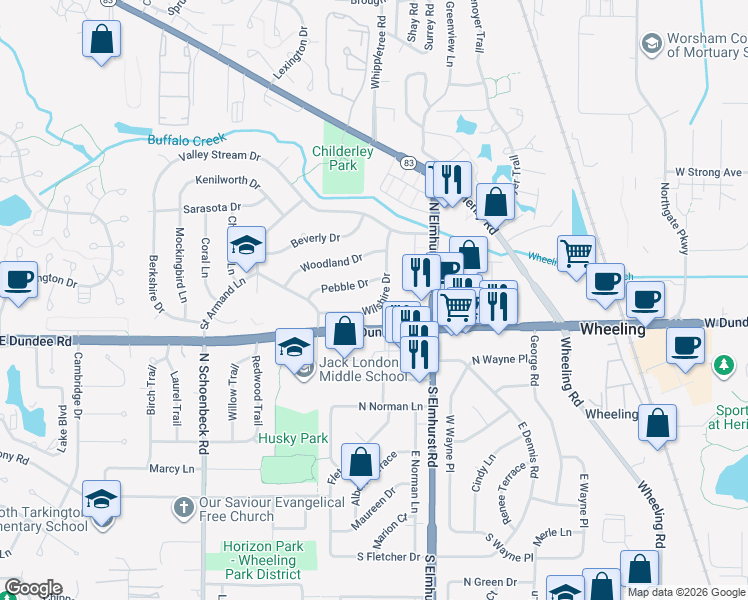 map of restaurants, bars, coffee shops, grocery stores, and more near 913 Wilshire Drive in Wheeling