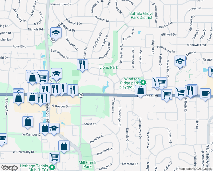 map of restaurants, bars, coffee shops, grocery stores, and more near 915 East Dundee Road in Buffalo Grove