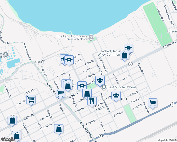 map of restaurants, bars, coffee shops, grocery stores, and more near 1053 East 4th Street in Erie