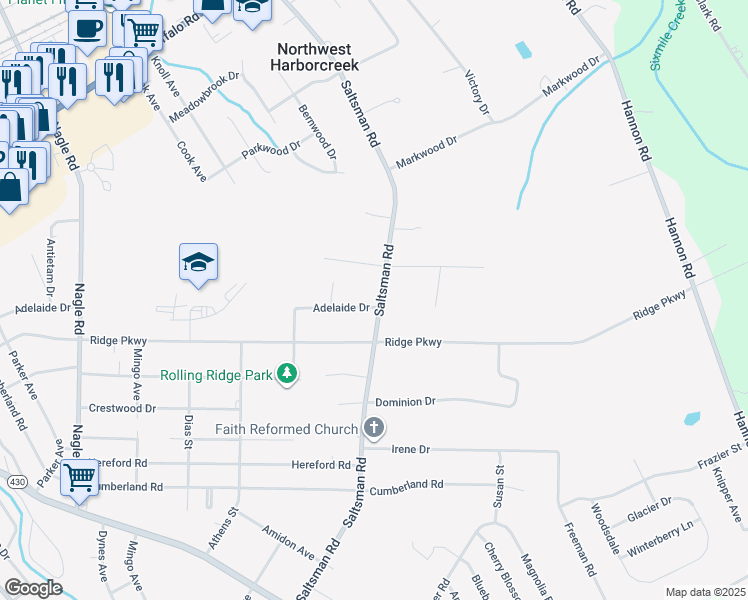 map of restaurants, bars, coffee shops, grocery stores, and more near 2624 Saltsman Road in Erie