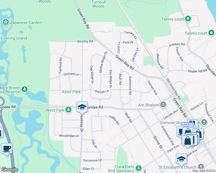 map of restaurants, bars, coffee shops, grocery stores, and more near 1014 Elm Ridge Drive in Glencoe