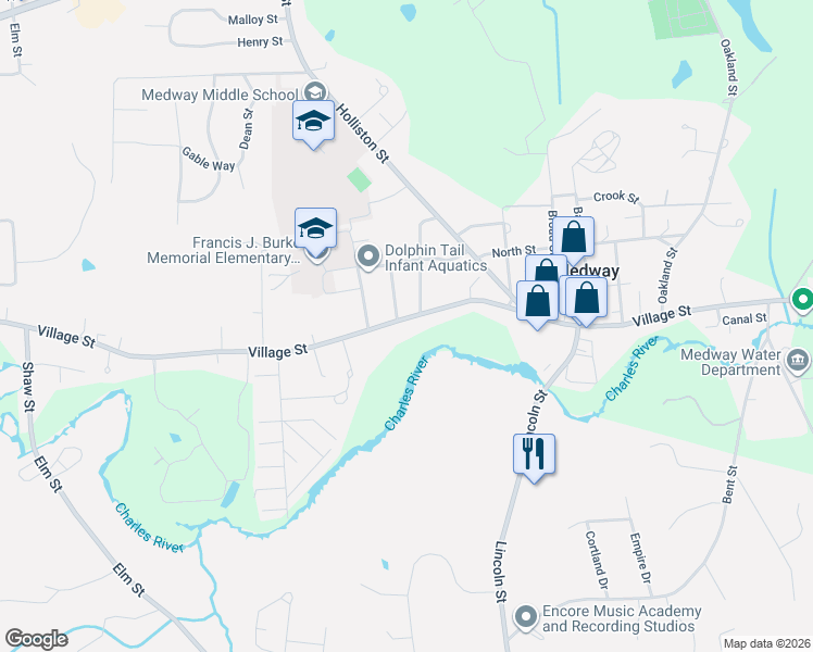 map of restaurants, bars, coffee shops, grocery stores, and more near 215B Village Street in Medway