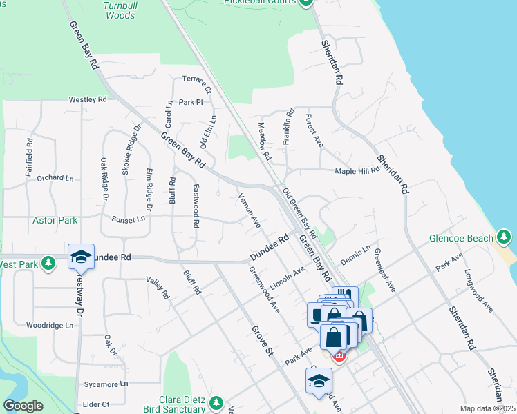 map of restaurants, bars, coffee shops, grocery stores, and more near 917 Vernon Avenue in Glencoe