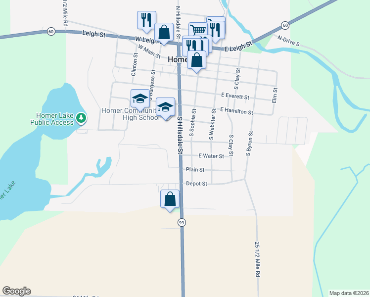 map of restaurants, bars, coffee shops, grocery stores, and more near 610 South Hillsdale Street in Homer