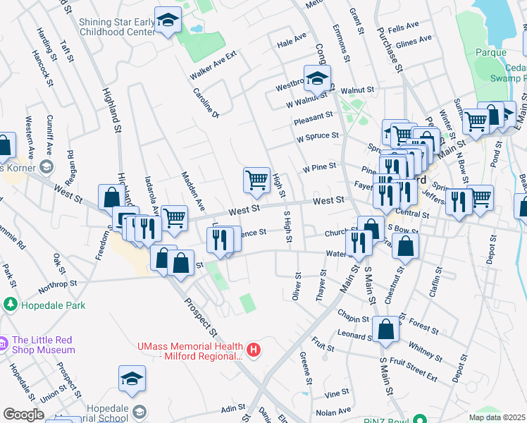 map of restaurants, bars, coffee shops, grocery stores, and more near 13 Lawrence Street in Milford