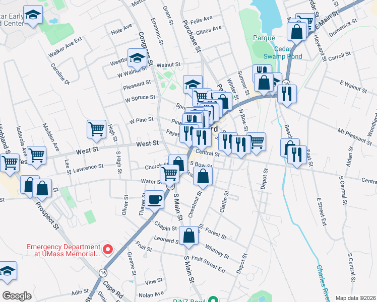 map of restaurants, bars, coffee shops, grocery stores, and more near 203 Main Street in Milford