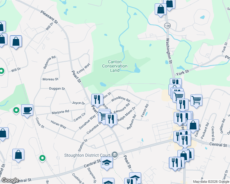 map of restaurants, bars, coffee shops, grocery stores, and more near 28 Woodbine Road in Stoughton