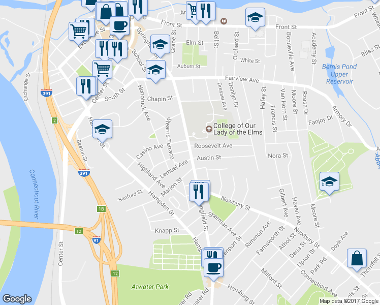 map of restaurants, bars, coffee shops, grocery stores, and more near 356 Springfield Street in Chicopee