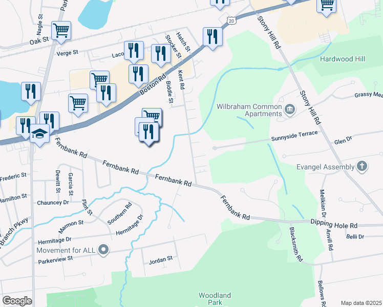 map of restaurants, bars, coffee shops, grocery stores, and more near 225 Wedgewood Circle in Springfield