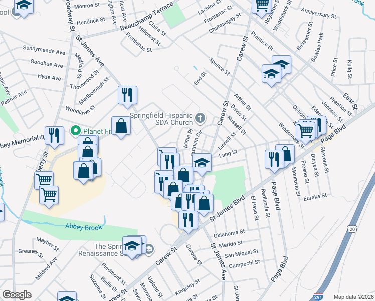 map of restaurants, bars, coffee shops, grocery stores, and more near 36 Ames Street in Springfield