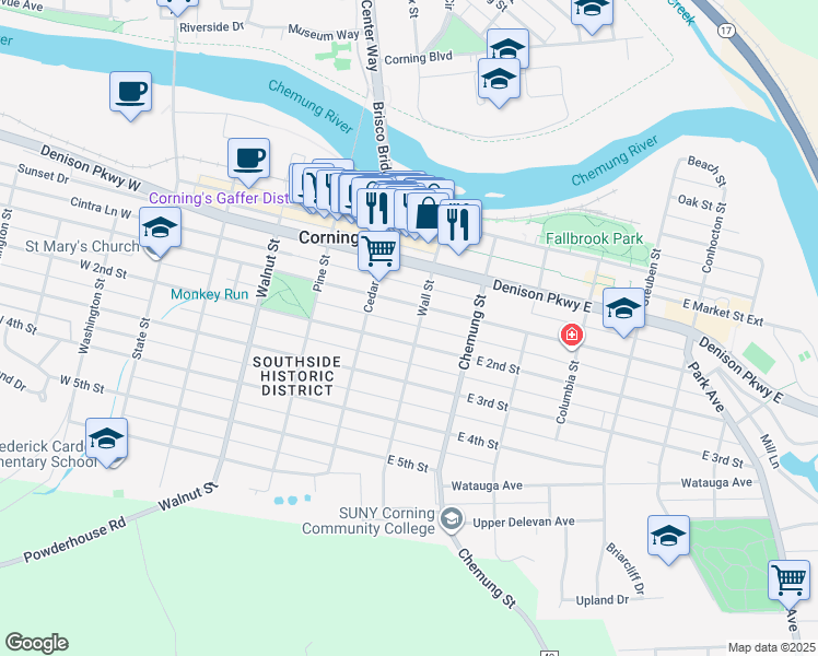 map of restaurants, bars, coffee shops, grocery stores, and more near 90 East 2nd Street in Corning