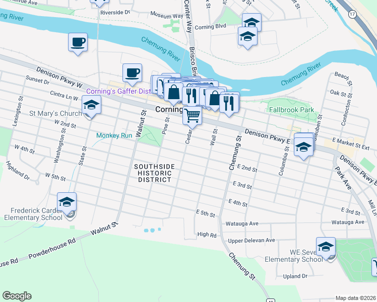 map of restaurants, bars, coffee shops, grocery stores, and more near 188 Cedar Street in Corning