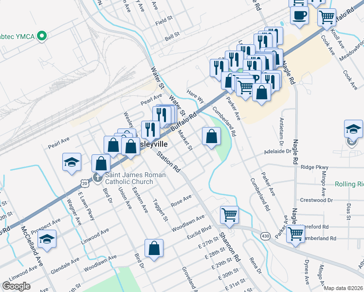map of restaurants, bars, coffee shops, grocery stores, and more near 3415 Fremont Street in Erie