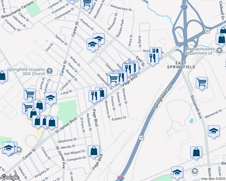 map of restaurants, bars, coffee shops, grocery stores, and more near 6 Windemere Street in Springfield