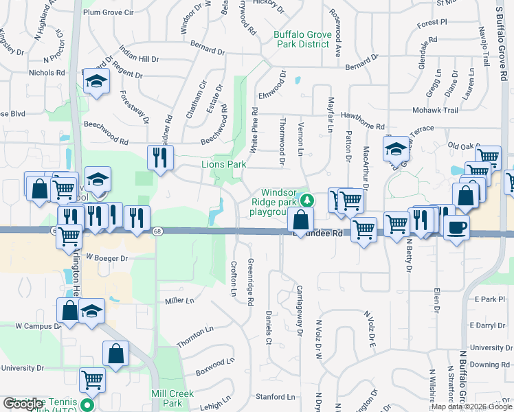 map of restaurants, bars, coffee shops, grocery stores, and more near 651 Hapsfield Lane in Buffalo Grove