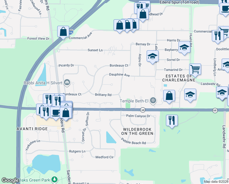 map of restaurants, bars, coffee shops, grocery stores, and more near 724 Charlemagne Drive in Northbrook