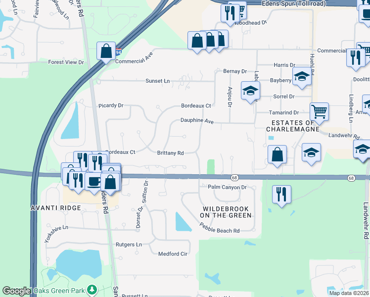 map of restaurants, bars, coffee shops, grocery stores, and more near 3835 Brittany Road in Northbrook