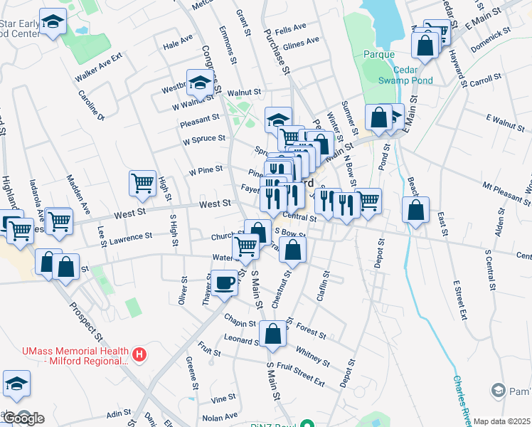 map of restaurants, bars, coffee shops, grocery stores, and more near 229 Park Street in Milford