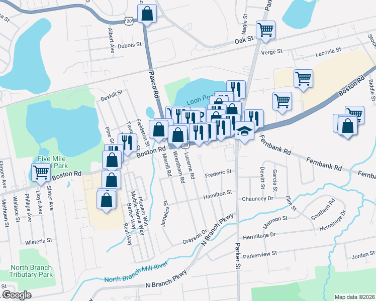 map of restaurants, bars, coffee shops, grocery stores, and more near 39 Lucerne Road in Springfield