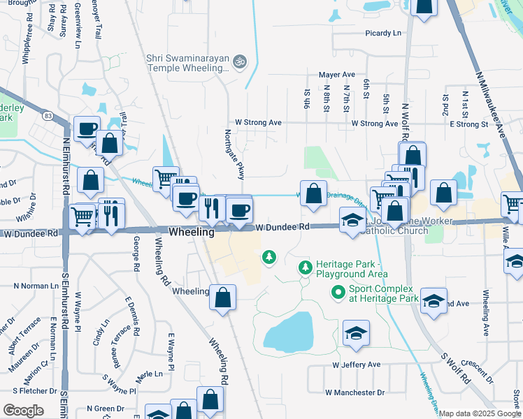 map of restaurants, bars, coffee shops, grocery stores, and more near 410 West Dundee Road in Wheeling